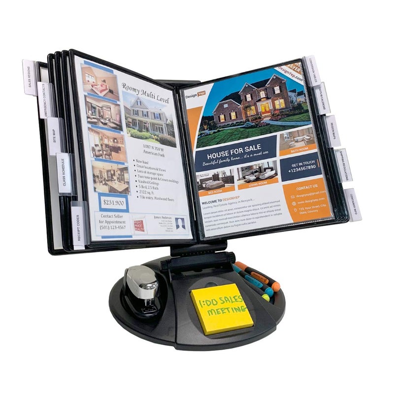 Ultimate Office AdjustaView 10-Pocket Desk Reference Organizer with Supplies Storage Base and EZ-Load Pockets to Hold 20 Sheets of Paper, Includes Fast Find Indexing Tabs, Black Pockets - Image 1