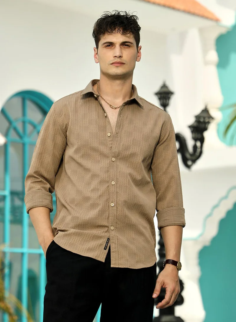 Campus Sutra Men's Ash Brown Grid-Check Tactile Shirt For Casual Wear | Spread Collar | Long Cuffed Sleeves | Button Closure | Shirt Crafted With Comfort Fit For Everyday Wear