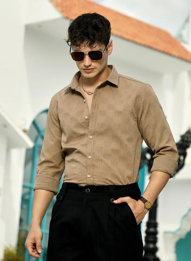 Campus Sutra Men's Ash Brown Grid-Check Tactile Shirt For Casual Wear | Spread Collar | Long Cuffed Sleeves | Button Closure | Shirt Crafted With Comfort Fit For Everyday Wear