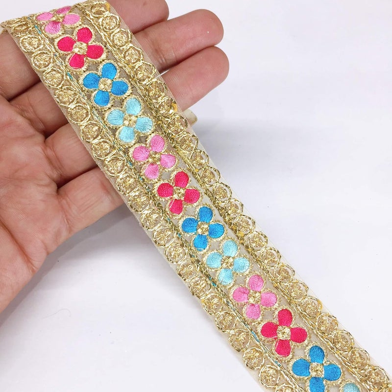 Lami - 9 Mts. Multi Resham Embroidery Border & Gold Cord Work, Designer Saree Lace, Embroidery On Tissue Fabric, Bridal Lehenga, Saree Dupatta, Suit, Anarkali Border, Indian Trims, Fashion Sari Border - Image 1