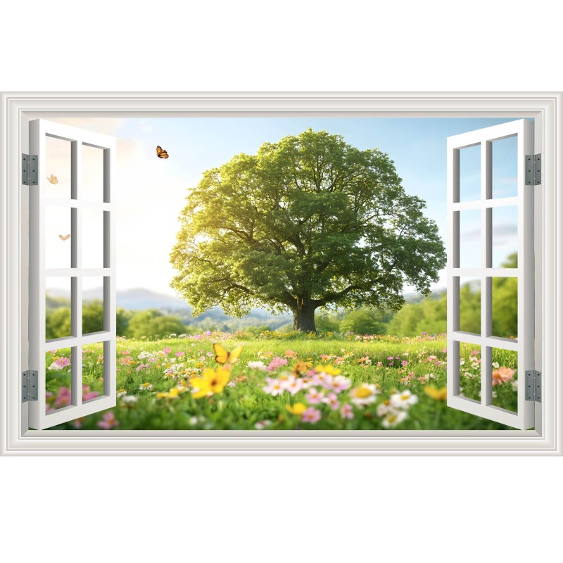 ATSHXYDY ملصق جدار نافذة مزيف شجرة خضراء صيفية حقل زهور منظر غابة ملصق نافذة مزيف ملصق فني لمكتب مفتوح ديكور غرفة صورة مشهد طبيعي 48x32