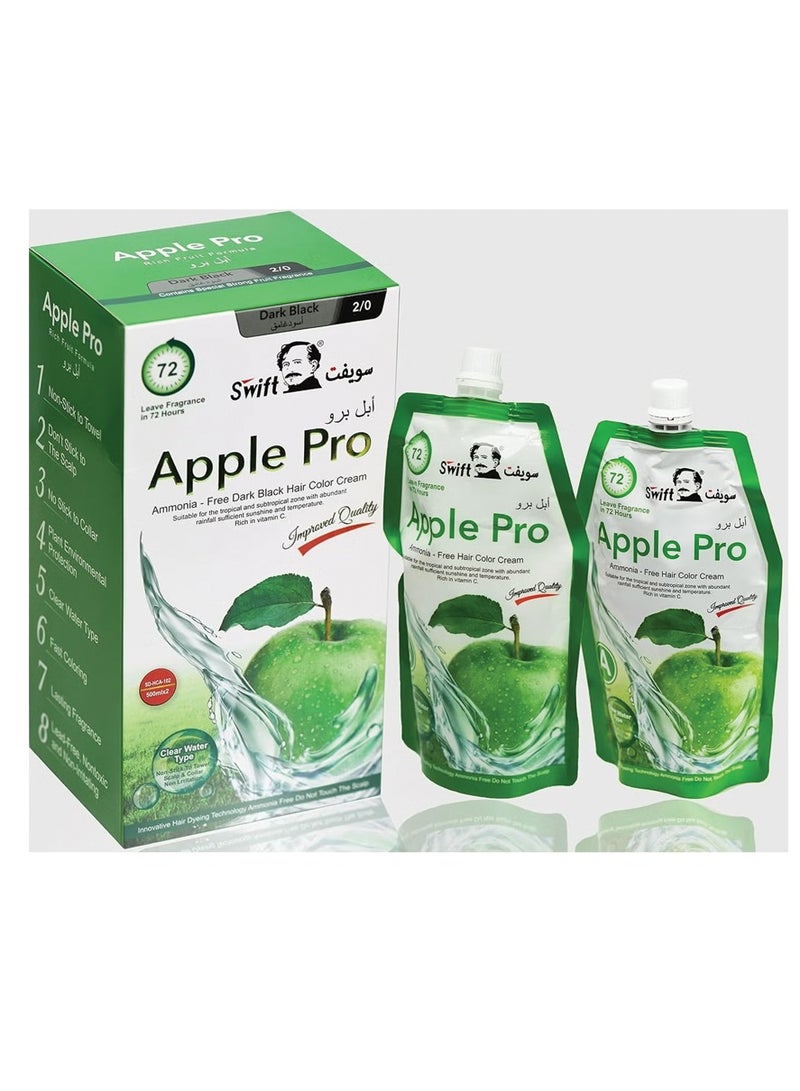 Apple Pro Hair Color Dark Black 2/0 Ammonia Free 500mlx2