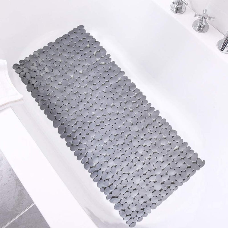 SONGZIMING Pebble Bath Mat 35x16 Inches for Bathtub to Non Slip in Shower with Drain Holes Suction Cups Grey
