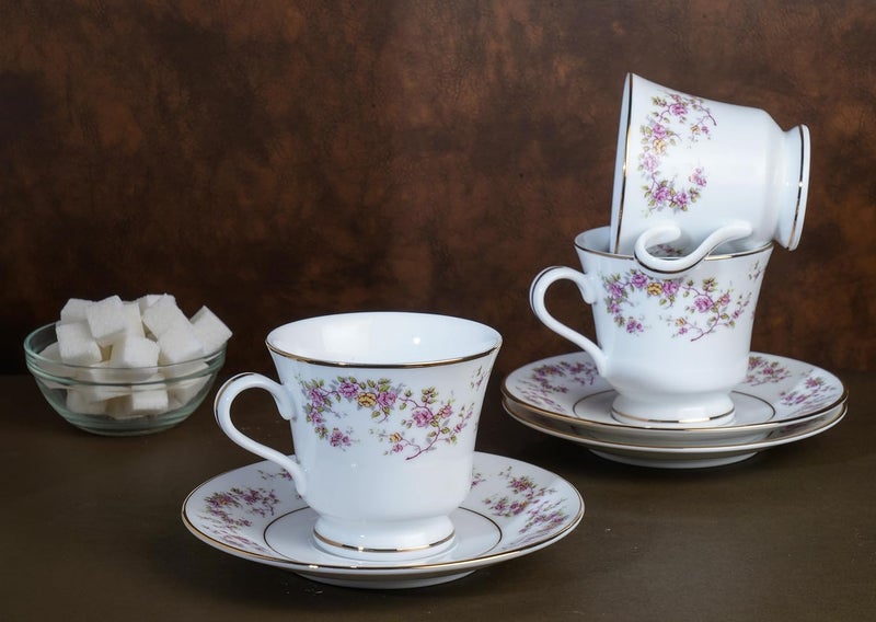 DANKOTUWA, world-class tableware Dankotuwa Luxury Floral Porcelain Cup Saucer Set of 6 210ml Dishwasher Safe 24k Gold Trim Ideal Gift Vegan Scratch Chip Resistant Rose Garden - Image 3