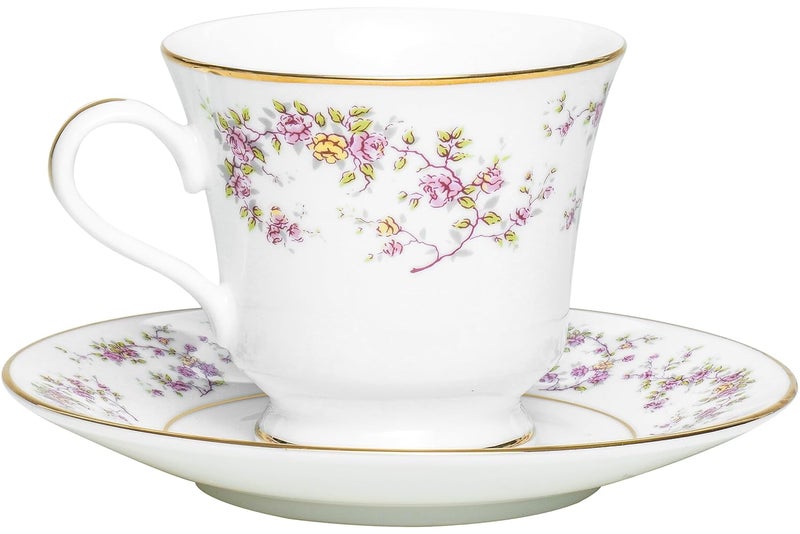 DANKOTUWA, world-class tableware Dankotuwa Luxury Floral Porcelain Cup Saucer Set of 6 210ml Dishwasher Safe 24k Gold Trim Ideal Gift Vegan Scratch Chip Resistant Rose Garden - Image 2