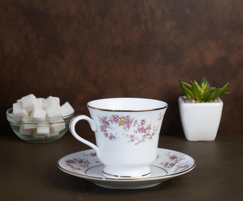 DANKOTUWA, world-class tableware Dankotuwa Luxury Floral Porcelain Cup Saucer Set of 6 210ml Dishwasher Safe 24k Gold Trim Ideal Gift Vegan Scratch Chip Resistant Rose Garden - Image 4