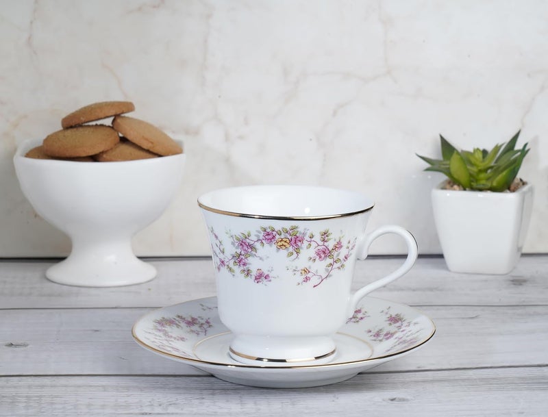 DANKOTUWA, world-class tableware Dankotuwa Luxury Floral Porcelain Cup Saucer Set of 6 210ml Dishwasher Safe 24k Gold Trim Ideal Gift Vegan Scratch Chip Resistant Rose Garden - Image 5