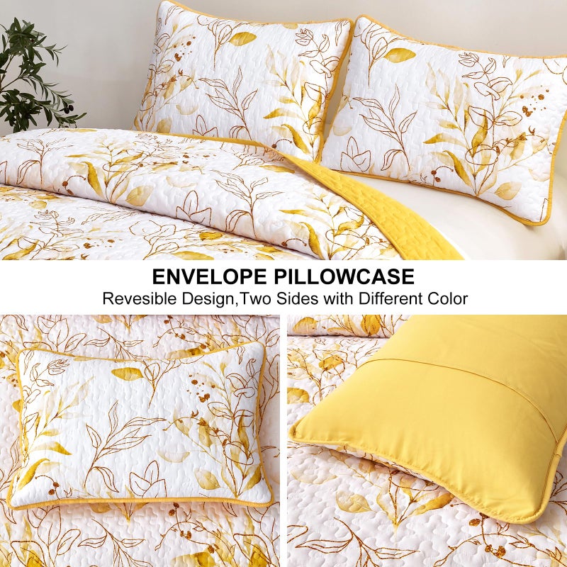 Anibedding Yellow Quilt Set Queen,3 Pieces Reversible Elegant Yellow Botanical Leaves Pattern Bedspread Coverlet Soft Microfiber Bed Cover for All Season(96"Ã—90") - Image 4