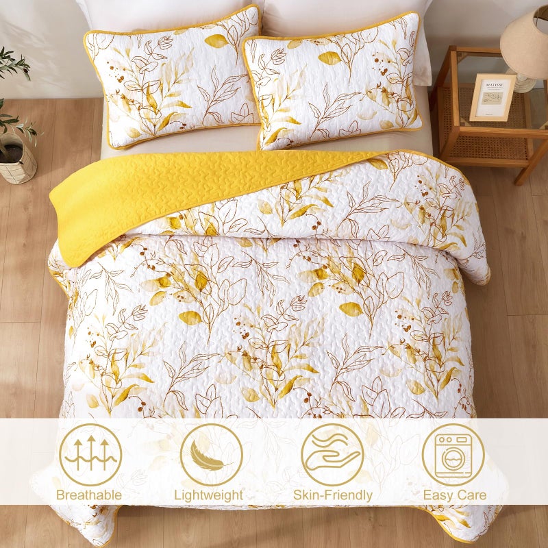 Anibedding Yellow Quilt Set Queen,3 Pieces Reversible Elegant Yellow Botanical Leaves Pattern Bedspread Coverlet Soft Microfiber Bed Cover for All Season(96"Ã—90") - Image 3