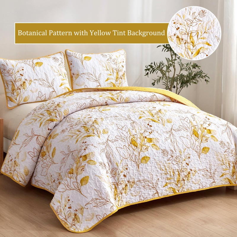 Anibedding Yellow Quilt Set Queen,3 Pieces Reversible Elegant Yellow Botanical Leaves Pattern Bedspread Coverlet Soft Microfiber Bed Cover for All Season(96"Ã—90") - Image 2