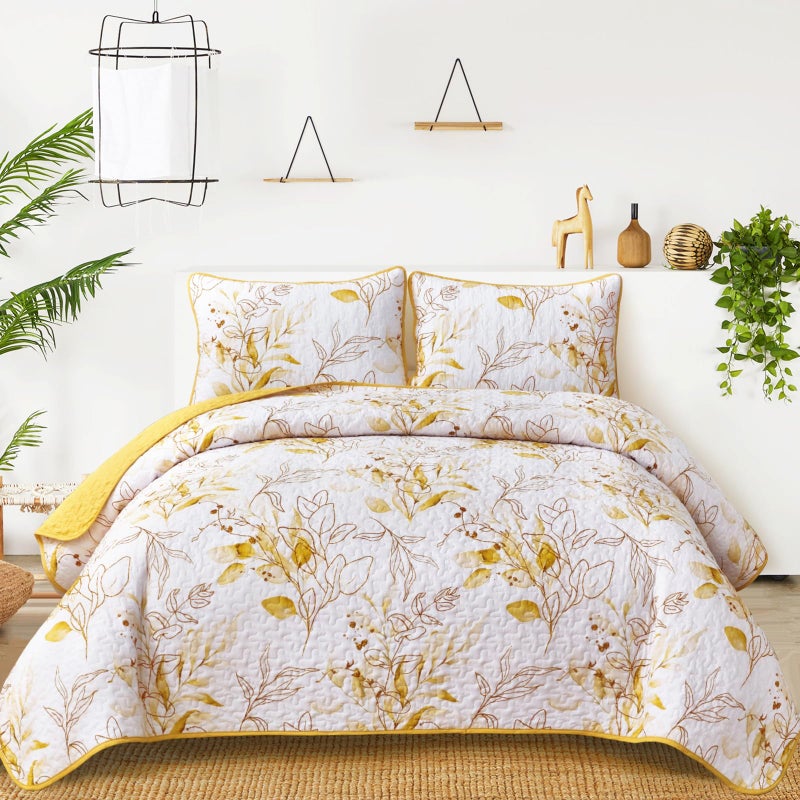 Anibedding Yellow Quilt Set Queen,3 Pieces Reversible Elegant Yellow Botanical Leaves Pattern Bedspread Coverlet Soft Microfiber Bed Cover for All Season(96"Ã—90") - Image 1