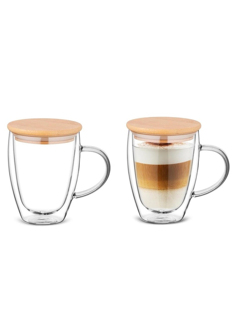 HOME ZONE Double-Walled Glass Coffee Mugs with Bamboo Lid - 450ml (Set of  2) - Image 1