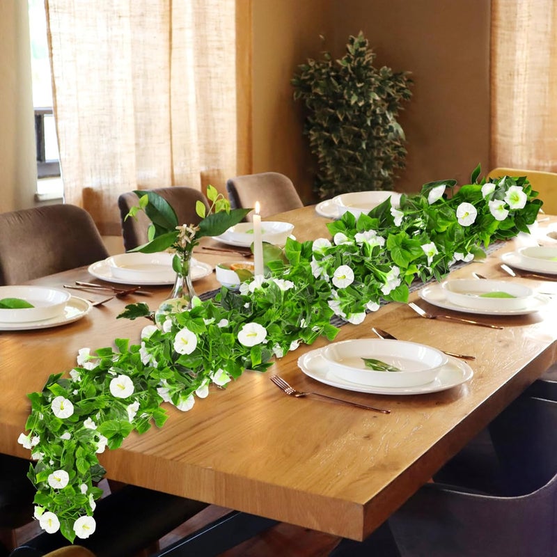 AirSun Artificial Morning Glory Flower Vines, 2pcs 15Feet Hanging Plants Silk Garland Fake Green Plant Home Garden Wall Fence Indoor Outdoor Wedding Birthday Decor (White) - Image 3