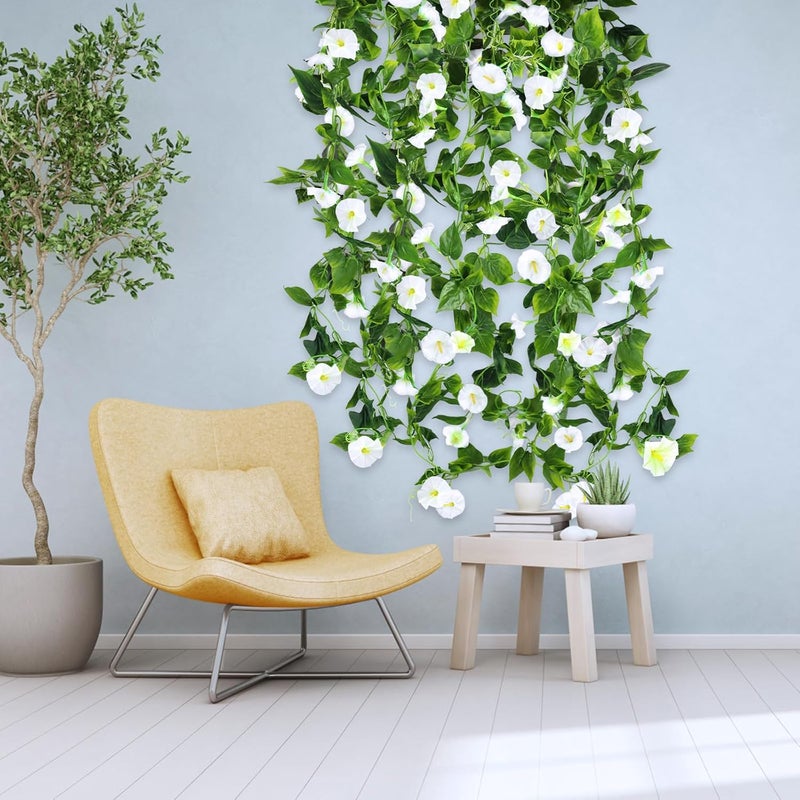 AirSun Artificial Morning Glory Flower Vines, 2pcs 15Feet Hanging Plants Silk Garland Fake Green Plant Home Garden Wall Fence Indoor Outdoor Wedding Birthday Decor (White) - Image 4