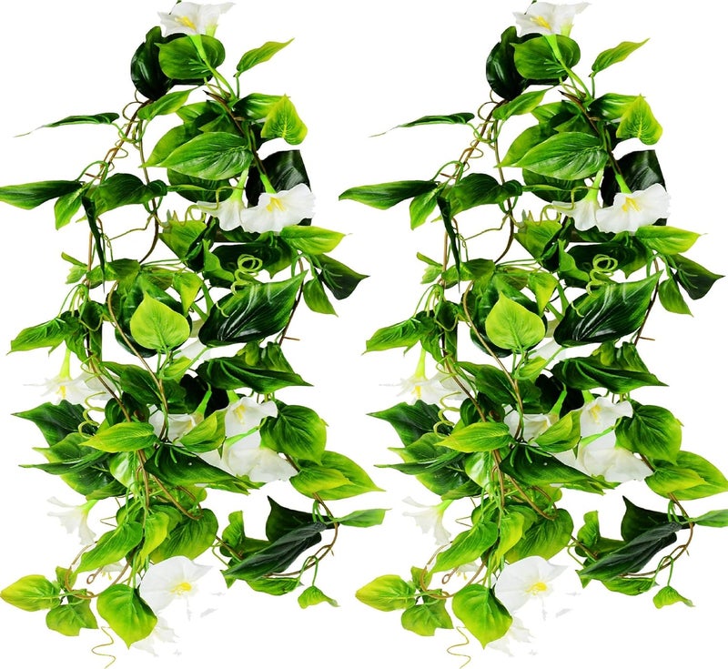 AirSun Artificial Morning Glory Flower Vines, 2pcs 15Feet Hanging Plants Silk Garland Fake Green Plant Home Garden Wall Fence Indoor Outdoor Wedding Birthday Decor (White) - Image 1