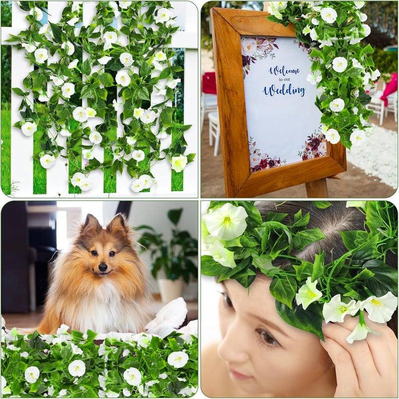 AirSun Artificial Morning Glory Flower Vines, 2pcs 15Feet Hanging Plants Silk Garland Fake Green Plant Home Garden Wall Fence Indoor Outdoor Wedding Birthday Decor (White) - Image 5