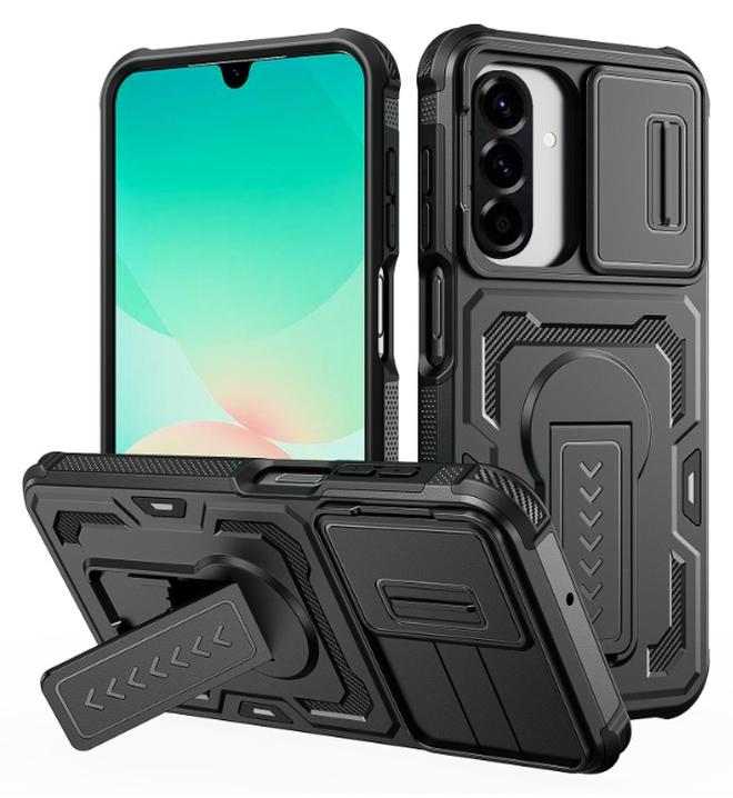 جراب حمايه مقاوم للصدمات مزود بستاند وحمايه للكاميرا  متوافق مع  Samsung Galaxy A17 (أسود) - Image 1