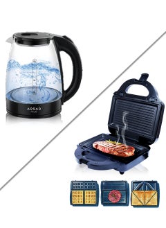 ARSAR PLUS Complete Kitchen Set: 3-in-1 Sandwich Maker with Interchangeable Plates and 2-Liter Glass Kettle – Fast and Easy Meal and Drink Preparation  - Image 3