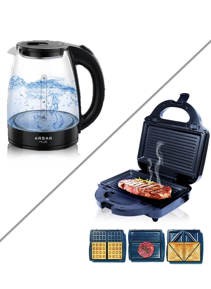 Complete Kitchen Set: 3-in-1 Sandwich Maker with Interchangeable Plates and 2-Liter Glass Kettle – Fast and Easy Meal and Drink Preparation