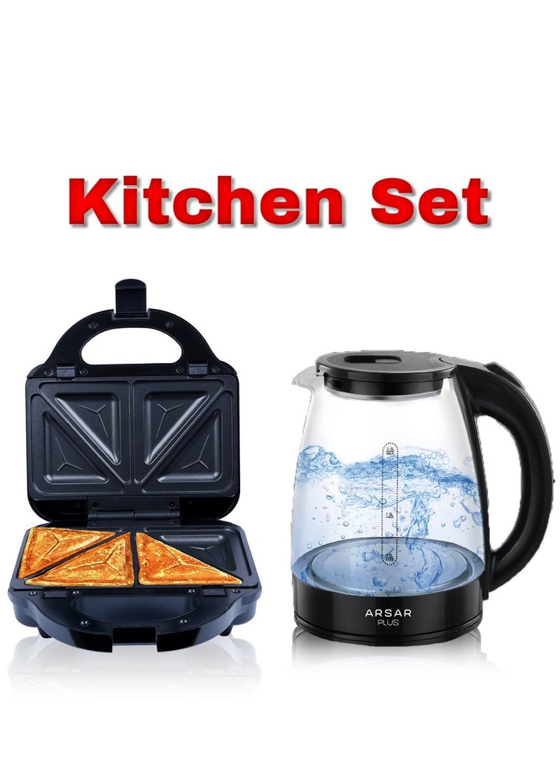 Complete Kitchen Set: 3-in-1 Sandwich Maker with Interchangeable Plates and 2-Liter Glass Kettle – Fast and Easy Meal and Drink Preparation