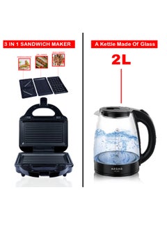 ARSAR PLUS Complete Kitchen Set: 3-in-1 Sandwich Maker with Interchangeable Plates and 2-Liter Glass Kettle – Fast and Easy Meal and Drink Preparation  - Image 2