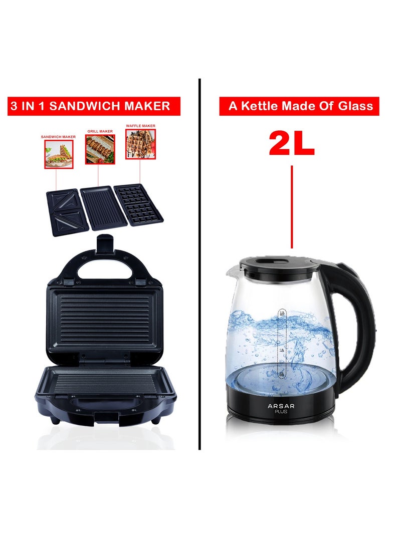 Complete Kitchen Set: 3-in-1 Sandwich Maker with Interchangeable Plates and 2-Liter Glass Kettle – Fast and Easy Meal and Drink Preparation