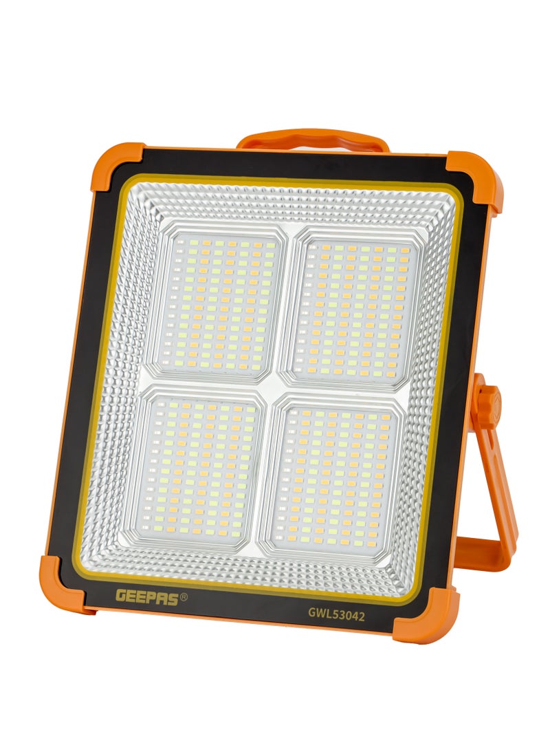 GEEPAS Geepas Rechargeable LED Work Light with Solar Panel- 448 PCS LEDs, 1500 lm, White, Warm, Blue and Red Lights/ USB Out Mobile Charging,Long Service Life, Good Stability, Energy Saving  - Image 1