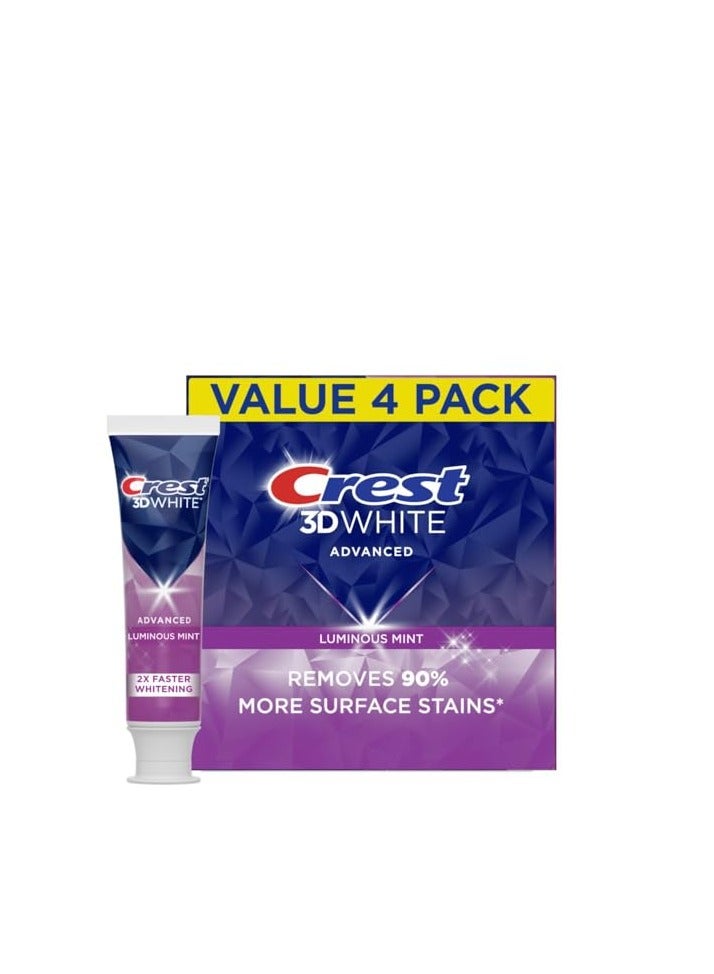 Crest 3D White Advanced Luminous Mint Teeth Whitening Toothpaste, Crest Toothpaste, 3.7 oz Pack of 4 - Helps Remove Surface Stains, Whitens Teeth, Strengthens Tooth Enamel, Protects Against Cavities - Image 1