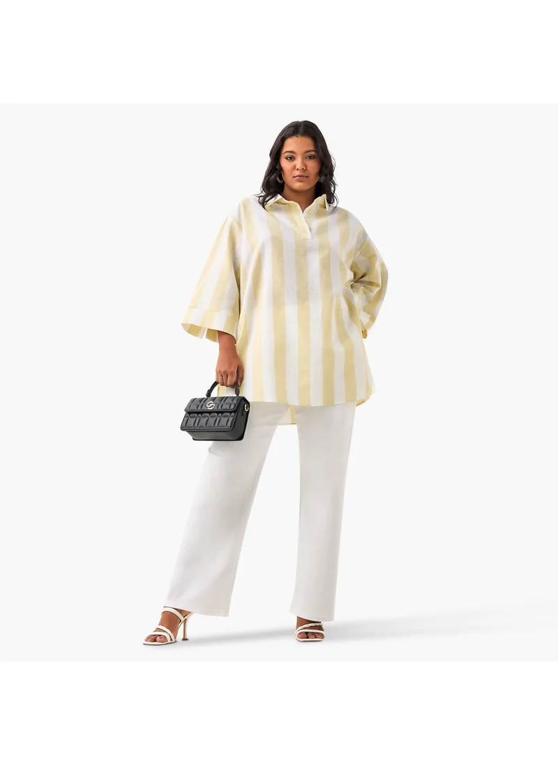 Ulla Popken Plus Size Ulla Popken Striped Linen Top with Collar and Long Sleeves