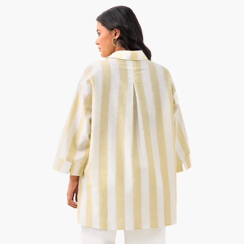 Ulla Popken Plus Size Ulla Popken Striped Linen Top with Collar and Long Sleeves
