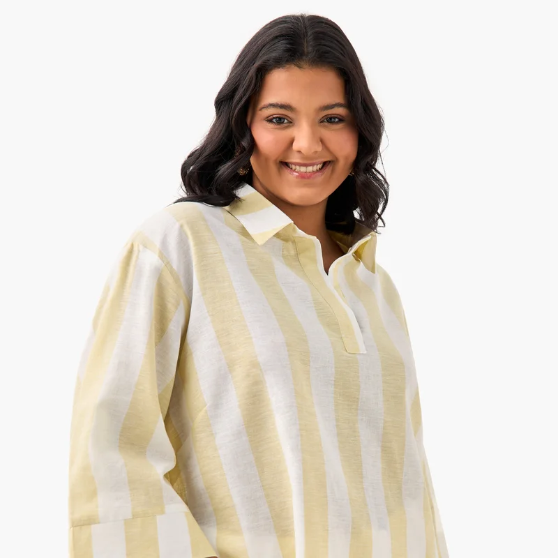 Ulla Popken Plus Size Ulla Popken Striped Linen Top with Collar and Long Sleeves