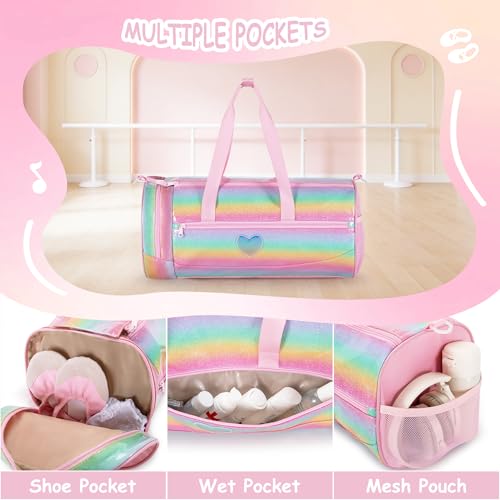 Smasrob Dance Bag for Girls with Full Open and Shoe Compartment, Ballet Bag with Waterproof Pocket for Dance, Overnight, Weekend,Pink - Image 3