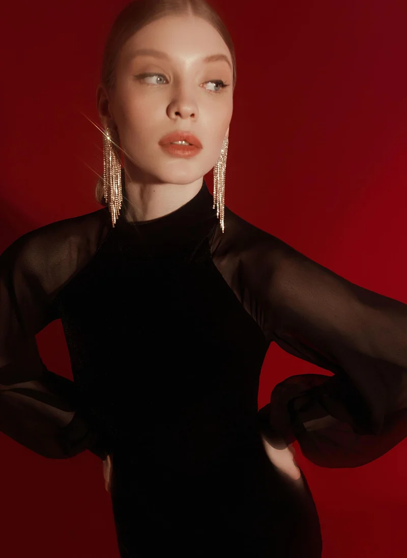 Lichi High-neck long-sleeve velvet midi dress