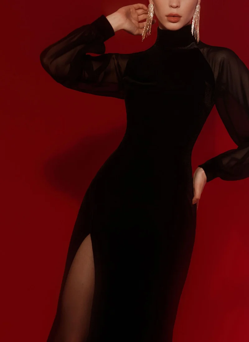 Lichi High-neck long-sleeve velvet midi dress