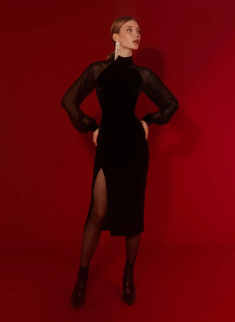 Lichi High-neck long-sleeve velvet midi dress