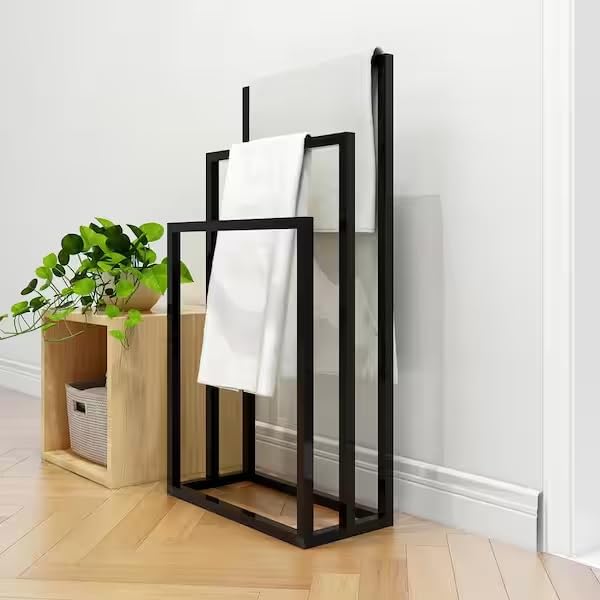 MILAD Towel Drying Rack, 3 Tier Freestanding Towel Rack Metal Towel Rack Stand for Bath & Hand Towels (Black) - Image 1