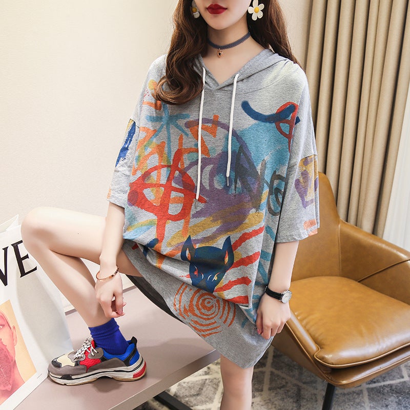 Women'S Summer Long Graffiti Hooded Short Sleeve T-Shirt - Image 4