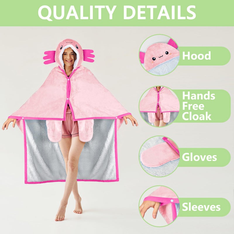 Happy Fuel Axolotl Wearable Hooded Blanket for Adults - Super Soft Warm Cozy Plush Flannel Fleece & Sherpa Hoodie Throw Cloak Wrap - Axolotl Gifts for Women Adults and Kids - Image 3