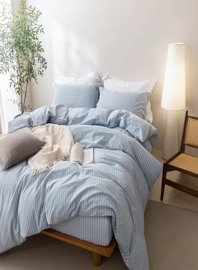 BDEAR Linen Feel Duvet Cover King Size, 100% Washed Cotton Comforter Cover 90x90inch with Zipper Closure Plus 2 Pillowcases, Stripe-CornflowerBlue White - Image 5