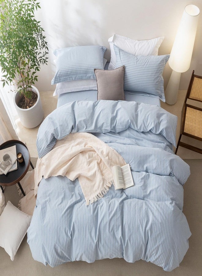 BDEAR Linen Feel Duvet Cover King Size, 100% Washed Cotton Comforter Cover 90x90inch with Zipper Closure Plus 2 Pillowcases, Stripe-CornflowerBlue White - Image 4