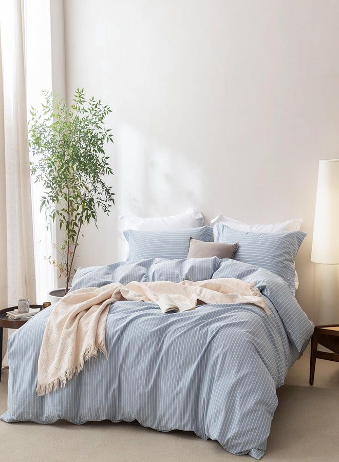 BDEAR Linen Feel Duvet Cover King Size, 100% Washed Cotton Comforter Cover 90x90inch with Zipper Closure Plus 2 Pillowcases, Stripe-CornflowerBlue White - Image 1
