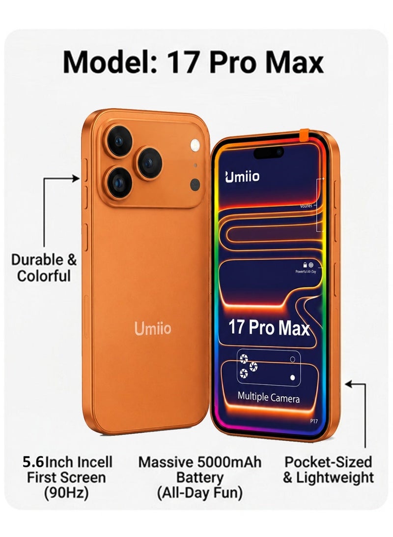 Umiio Mini Smartphone 5.6 Inch Incell Display Dual SIM 17 Pro Max Android Cell Phone Rear And Front Camera, Compact Small Size Android Dual SIM Wi-Fi GPS Supported Small Mobile Phone - Orange - Image 5