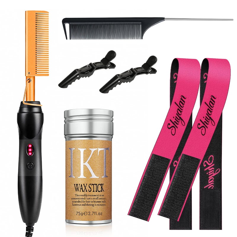 Hot Comb Set 7Pcs Electric Hair Straightener Pressing Comb for Black Hair Hot Comb Set with Wig Wax Stick Lace Band Rat Tail Comb Salon Clips