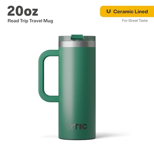 RTIC 20oz Road Trip Travel Mug with Lid and Handle Ceramic Lined Insulated Stainless Steel Metal Double Wall VacuumInsulation Portable Coffee Tea Cup for Hot and Cold Drink Pine Tree - Image 3