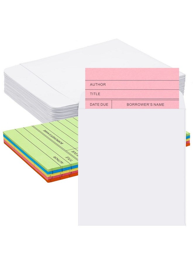 Fainne 100 Pieces Library Card Pocket With Envelopes Self Adhesive Book Card Checkout Sleeves For School Library Office Task Trackers And Gift Tag(Colorful Card) - Image 1