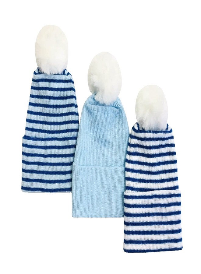 Nurses Choice Newborn Knit Hat Set – Soft Cotton Baby Beanie Caps with Pom Pom – Hospital Trusted Infant Essentials for Boys & Girls 0–3 Months (Blue, 3‑Piece Set) - Image 1