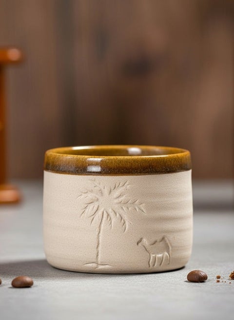 Pottery coffee mug, Palm trees and camels, Arabica coffee cup, 120ml, 1pc