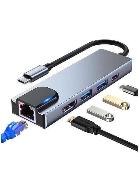 USB C Hub Multiport Adapter, 5 in 1 Docking Station with 4K HDMI, RJ45 Ethernet, USB3.0, 100W PD, Compatible with MacBook Pro/Air, iPad Pro, iPad Mini 6, Surface Pro and More Type C Devices