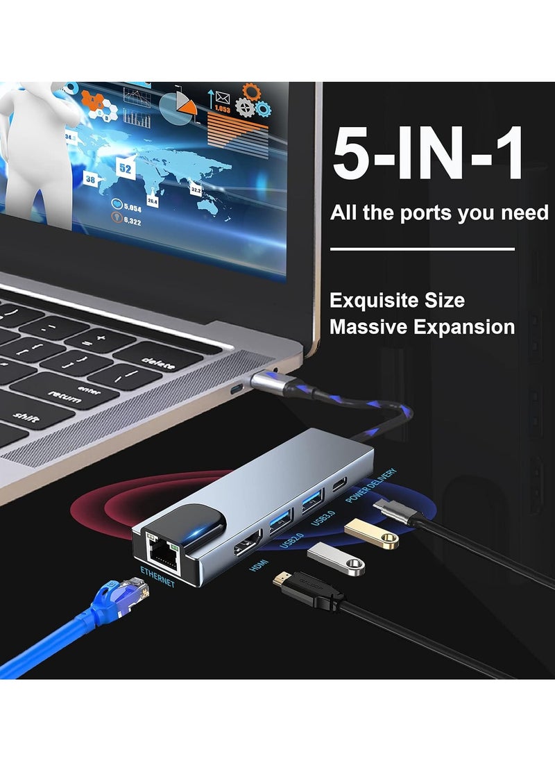 USB C Hub Multiport Adapter, 5 in 1 Docking Station with 4K HDMI, RJ45 Ethernet, USB3.0, 100W PD, Compatible with MacBook Pro/Air, iPad Pro, iPad Mini 6, Surface Pro and More Type C Devices