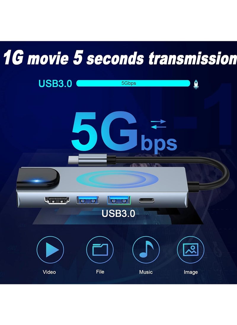 USB C Hub Multiport Adapter, 5 in 1 Docking Station with 4K HDMI, RJ45 Ethernet, USB3.0, 100W PD, Compatible with MacBook Pro/Air, iPad Pro, iPad Mini 6, Surface Pro and More Type C Devices